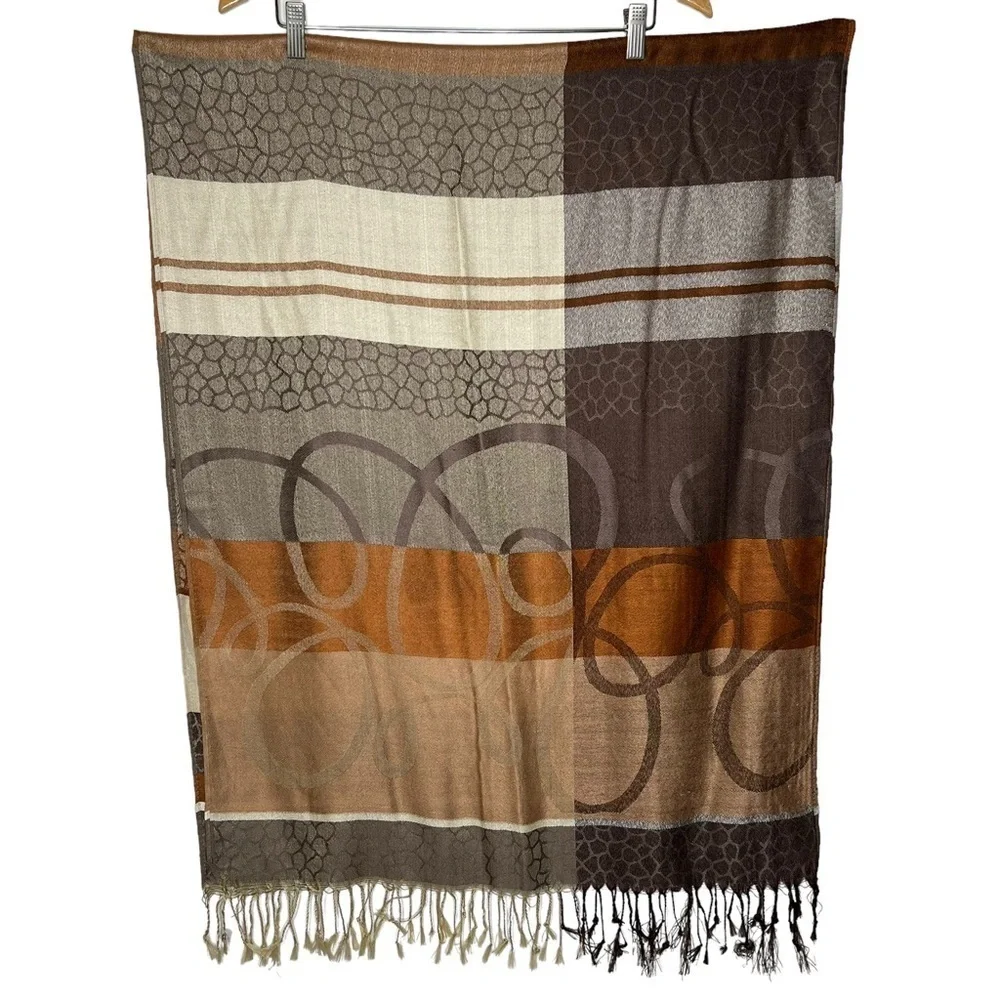 Women’s Brown Neutral Tones Color Block Fringe Faux Cashmere Scarf Shawl Wrap